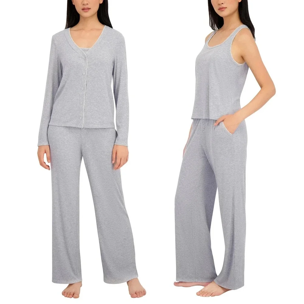 Live2Lounge Women’s 3 Piece Ribbed Cardigan Tank Pant Set, Gray, Size 2XL, NWOT